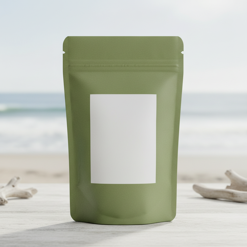 A 3oz sealed bag of green tea with a blank label on the front of the bag.